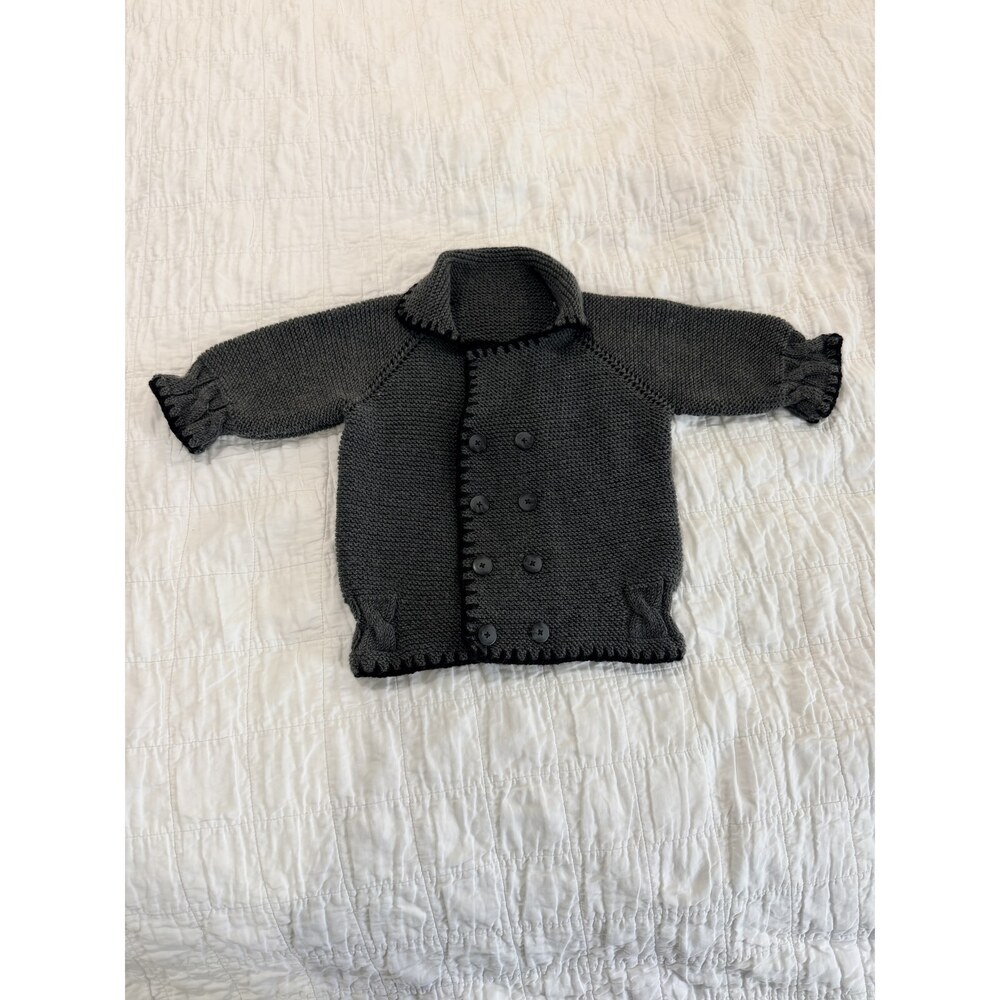Handmade Knit Baby Cardigan Charcoal Gray Collar Button Front Sweater